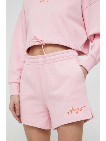 Bavlněné šortky HUGO růžová barva s potiskem high waist