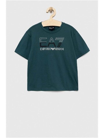 Dětské bavlněné tričko EA7 Emporio Armani zelená barva s potiskem