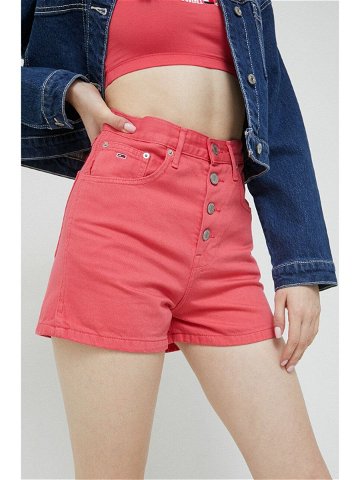 Džínové šortky Tommy Jeans dámské růžová barva hladké high waist