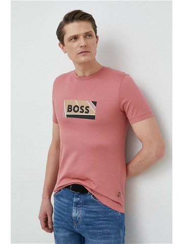 Bavlněné tričko BOSS růžová barva s potiskem