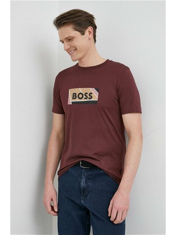 Bavlněné tričko BOSS vínová barva s potiskem